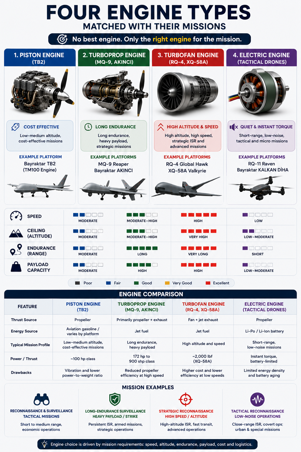 Comparison of four UAV engine types by mission and performance