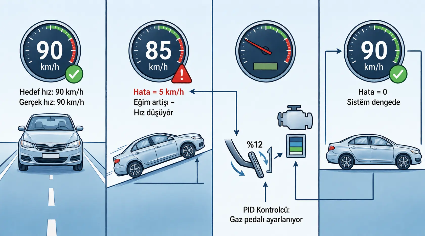 Cruise Control (Hız Sabitleyici) sisteminin PID kontrol mantığını gösteren animasyon
