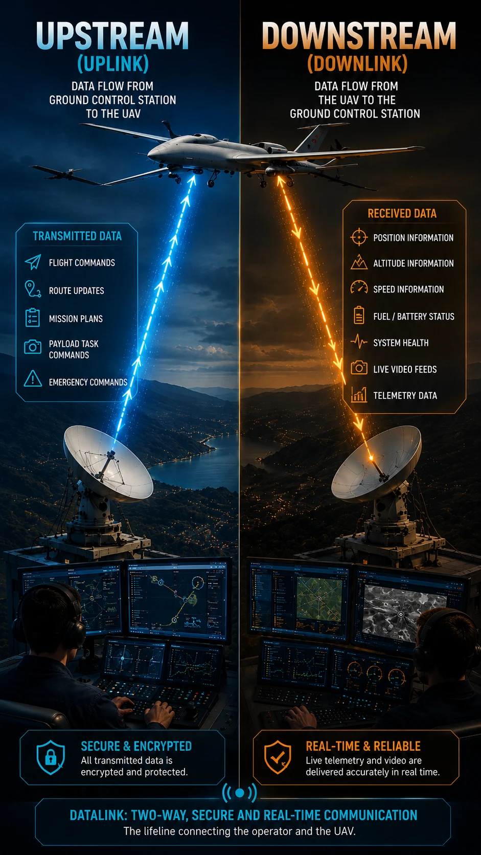 UAV datalink uplink and downlink data flow diagram: flight commands sent from ground control station to UAV, and telemetry, position and camera feed sent back