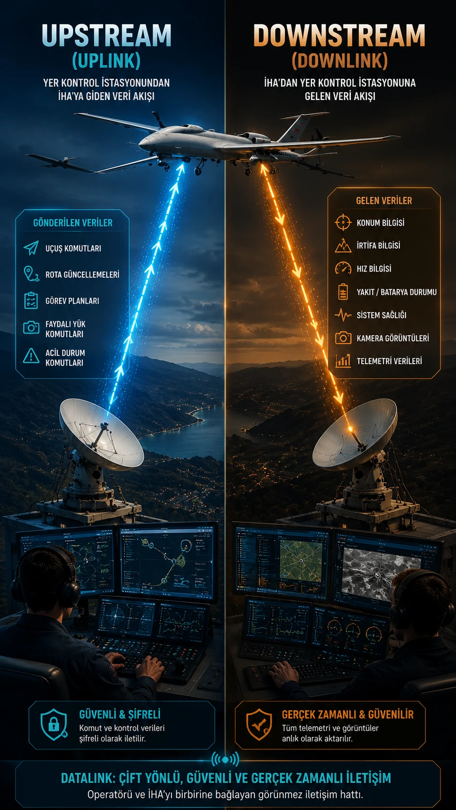İHA datalink uplink ve downlink veri akışı diyagramı: yer kontrol istasyonundan İHA'ya giden uçuş komutları ve İHA'dan gelen telemetri, konum ve kamera görüntüsü verileri